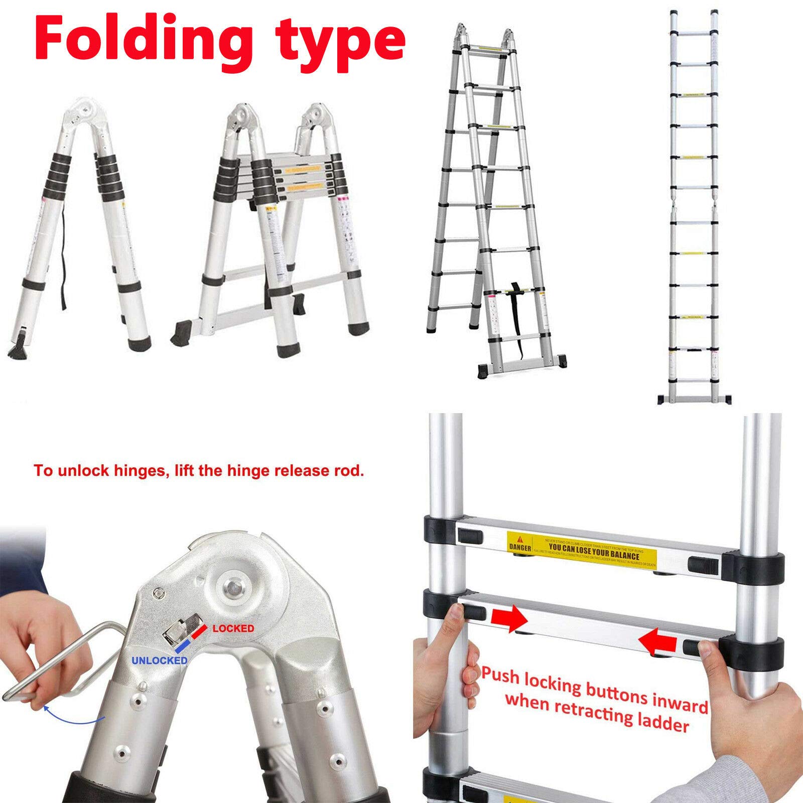 Wytrzymała aluminiowa teleskopowa składana drabina typu loft, rama 3,8 m / 1,9 m + 1,9 m, 12-stopniowe, wysuwane przedłużenie, wielofunkcyjne, aluminiowe drabiny - pojemność 150 kg