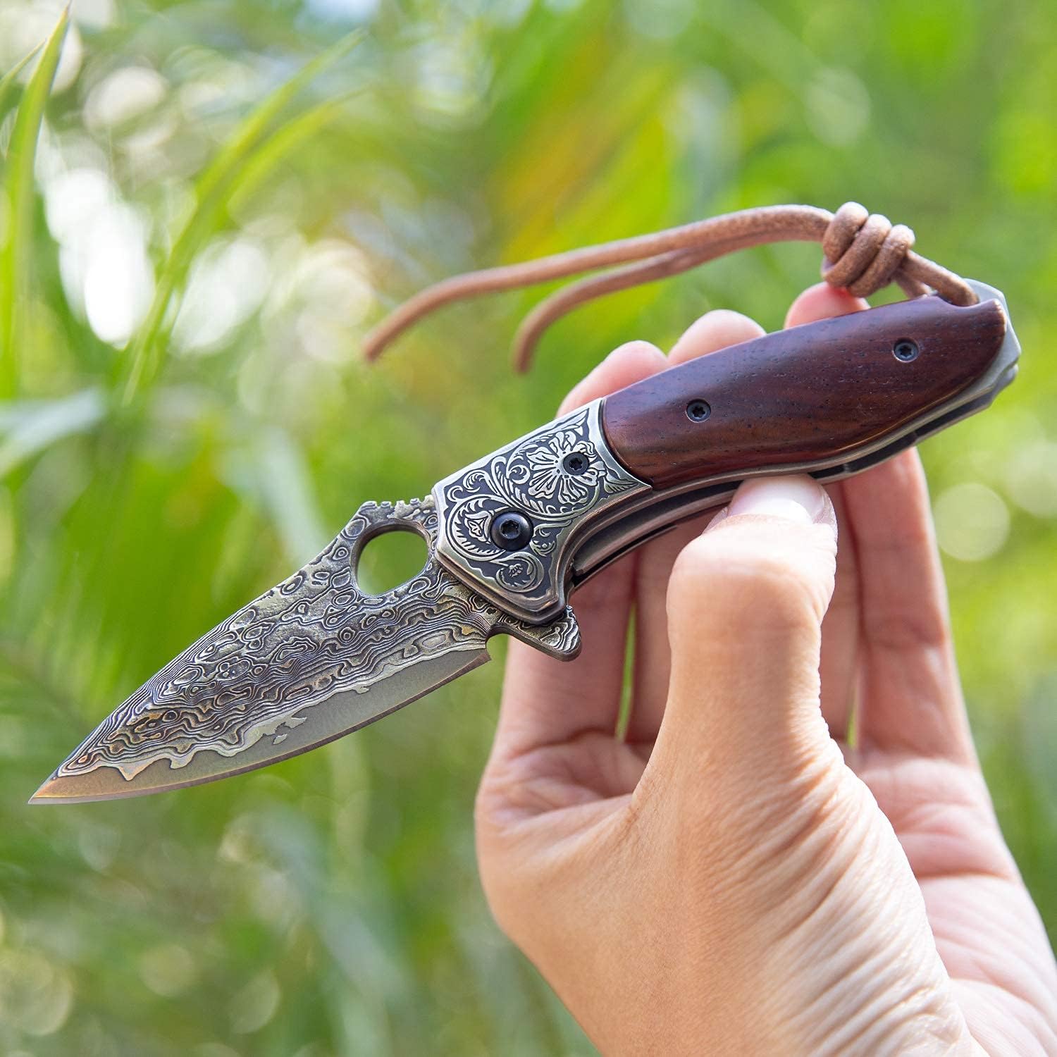 edc pocket knife for men,2.5in japanese handmade vg10 damascus steel,rosewood handle,liner lock,leather sheath,folding knives for camping and hunting (rosewood, 2.8)