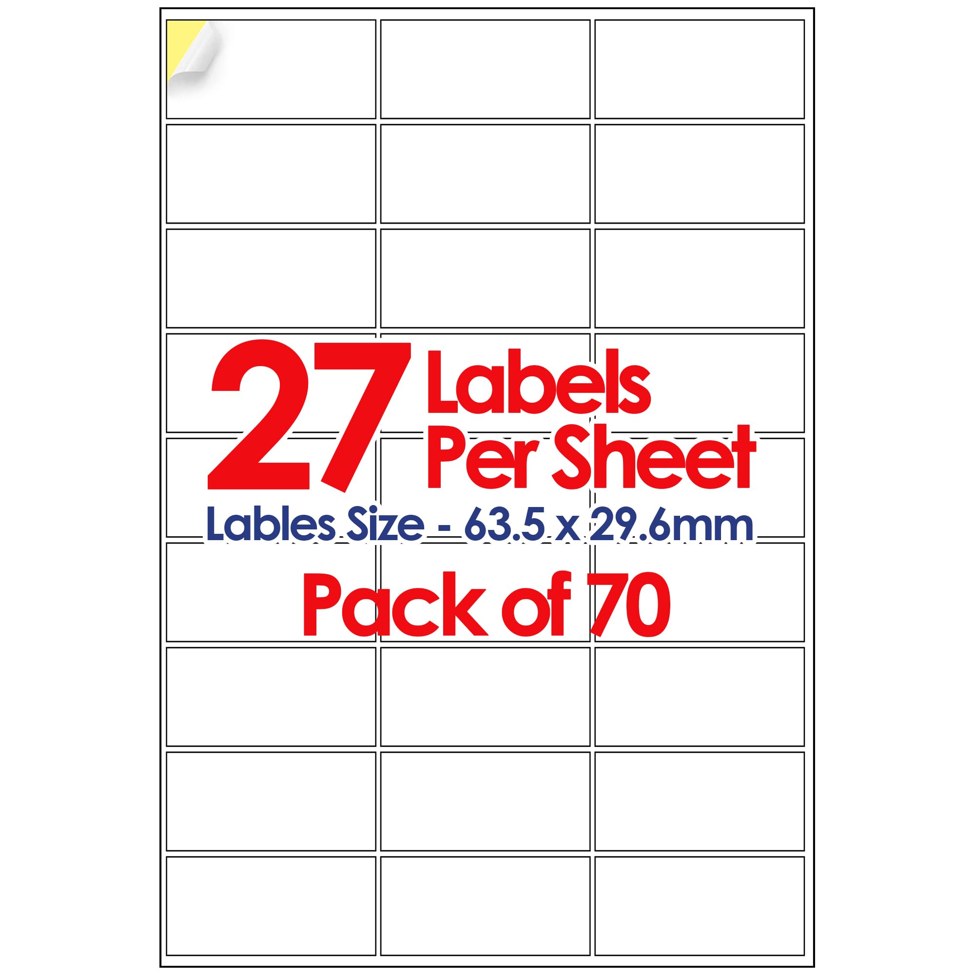YUNJU A4 Self Adhesive Address Labels, 27 Label Per Sheet, 70 Sheets, Self Adhesive Quick Dry Labels for Inkjet & Laser Printer [63.5 x 29.6mm] 1890 Label