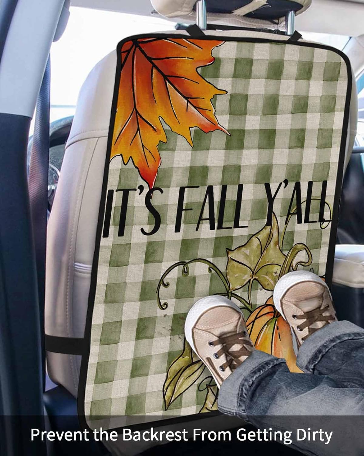 Car Seat Protector, 2 Pack Kick Mats Back Seat Protector Fall Thanksgiving Pumpkin Maple Leave Green Buffalo Plaid Waterproof Backseat Cover for Kids Universal Fit Automotive Interior Protectors