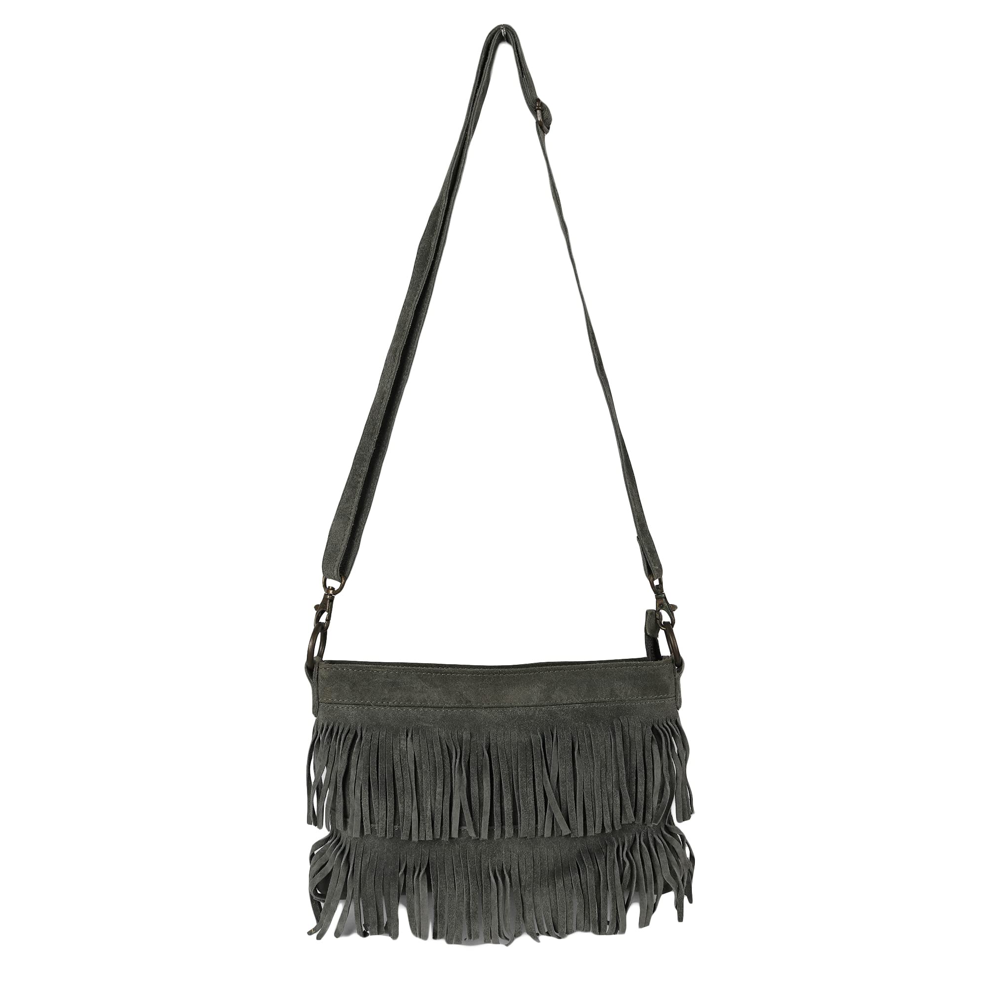 Antin Olive Green Genuine Suede Leather Fringed Sling Bag Shoulder Bag with 2 layer fringes, adjustable and detachable shoulder Strap (B09MY699QQ) Amazon Price History, Amazon Price Tracker