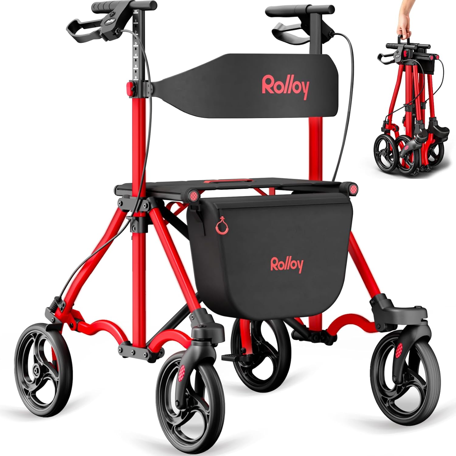 Rollator Walkers for Seniors with Seat, Foldable Travel Rolling Walker, 300lbs Capacity, lightweight Compact Portable Walker with Seat,Adjustable Height for Tall over 6ft,8" Big Wheels(Standard Model) Red