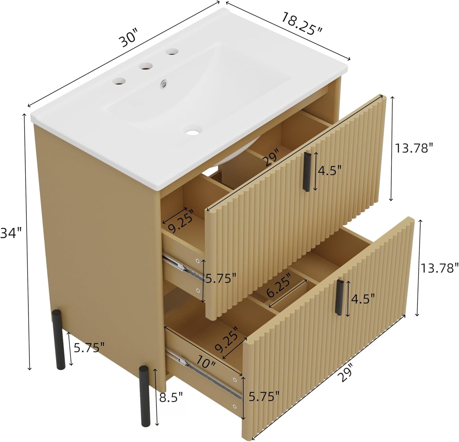30 Inch Natural Bathroom Vanity with Sink,Modern Reeded Bathroom Vanity with 2 Full-Extension Drawers,Soft Close Side Mount Slides,Metal Legs & Handles