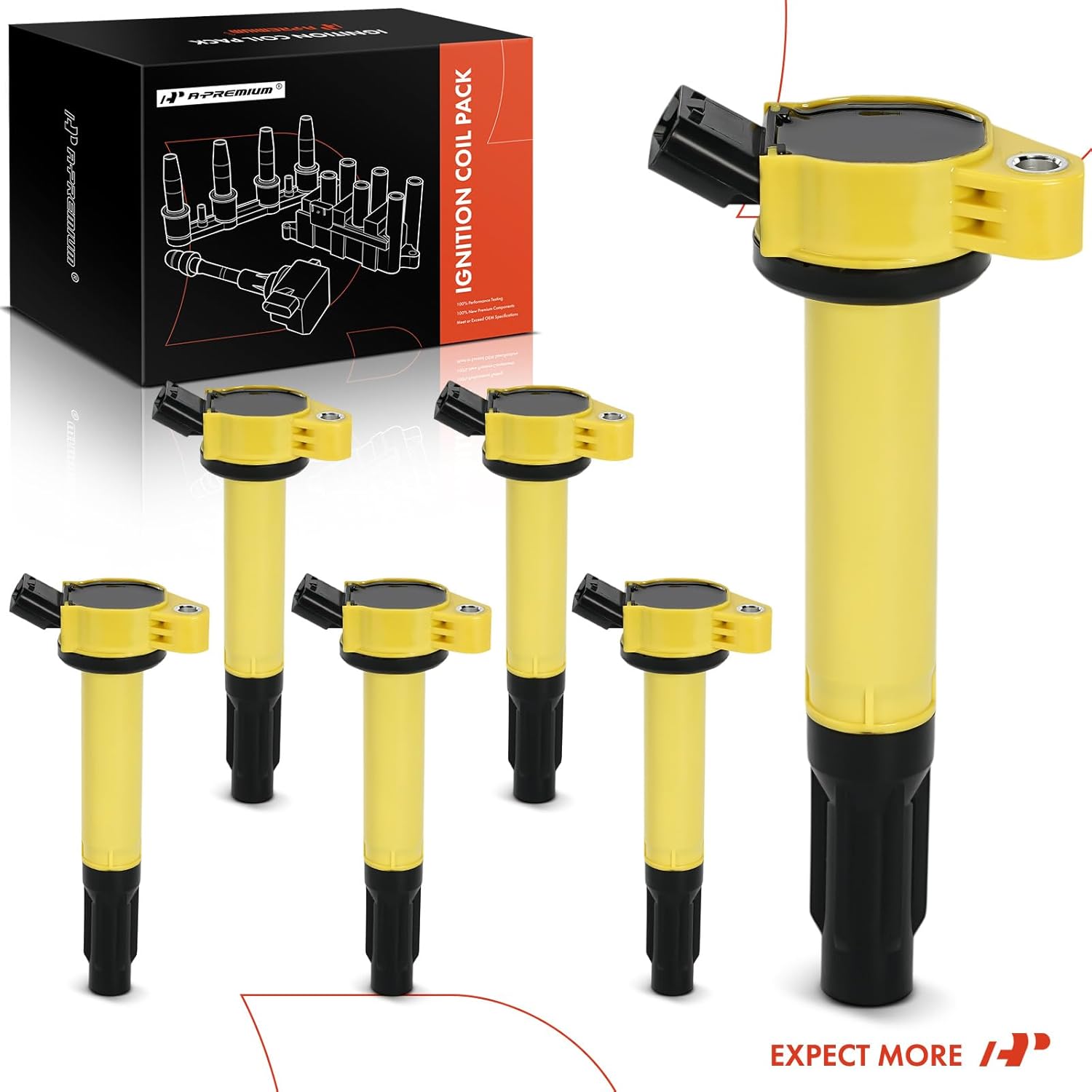 A-Premium Ignition Coil Pack Compatible with Toyota Camry 2007-2010 2012-2017, Highlander 2008-2016 & Lexus RX350 2007-2015 & Lotus Evora GT 2020-2021 - V6 2.5L 3.0L 3.5L 4.0L, Yellow, Set of 6