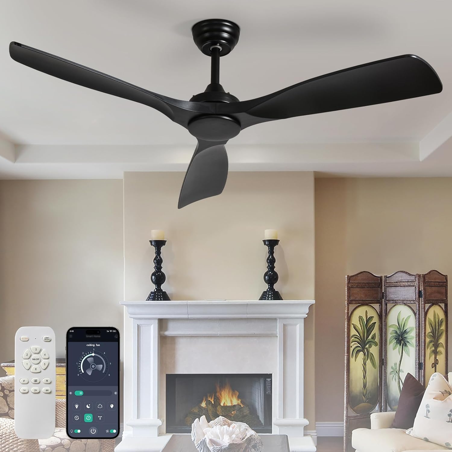 Ceiling Fan Without Light: 52 Inch Outdoor Fan for Patios - Black Ceiling Fan No Light Indoor - Modern 3 Blade Fan with Remote APP Control Reversible 6 Speed Noiseless black 52"- no light
