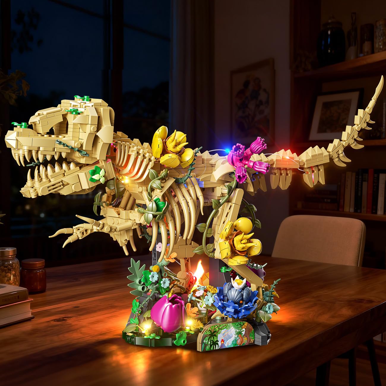 CUBIMANA Fossile de Dinosaure avec Fleurs et lumière LED, 1185 PCS Jeu de Construction botanique Dino, Maquette de Squelette pour décoration intérieure, Cadeau pour Adultes et Adolescents