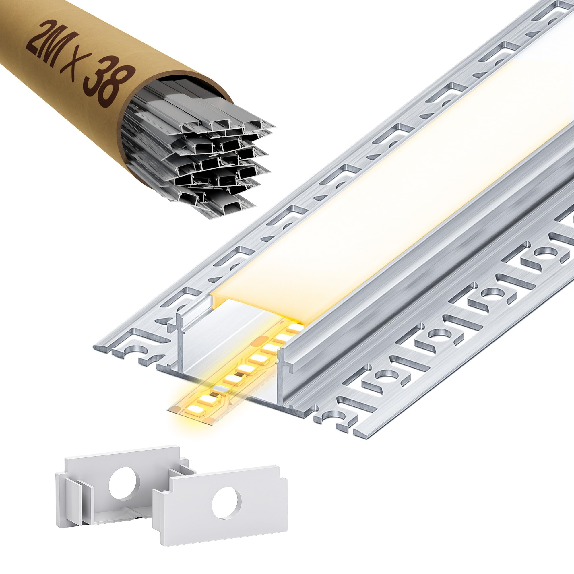 38 x LED Fliesenprofil 2M, LED Trockenbauprofil 2M Aluminium Profil Schiene Unterputz Kanal und Diffusor Aufputz für Indirekte Beleuchtung Decke