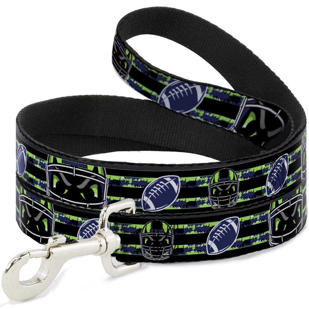 Buckle-Down Pet Leash, Dog Leash, Football Helmet Stripe Black Neon Green Blue, 6 Feet Long 0.5 Inch Wide