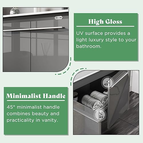 Miniatura 4 de AMERLIFE Tocador de baño flotante LED de 31 pulgadas con fregadero, fregadero individual de alto brillo montado en la pared, gabinete de tocador de