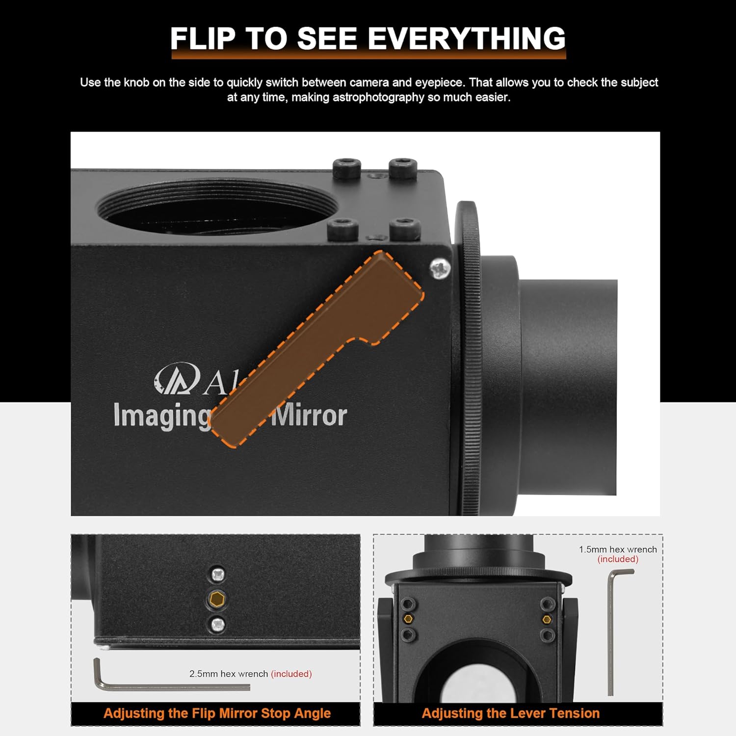 Alstar 1.25 inch Astrophotography Flip Mirror with Eyepiece Adapter - Flip Mirror Adapter for CCD Camera Refractor Astronomical Telescope Astrophotography Precise Focusing