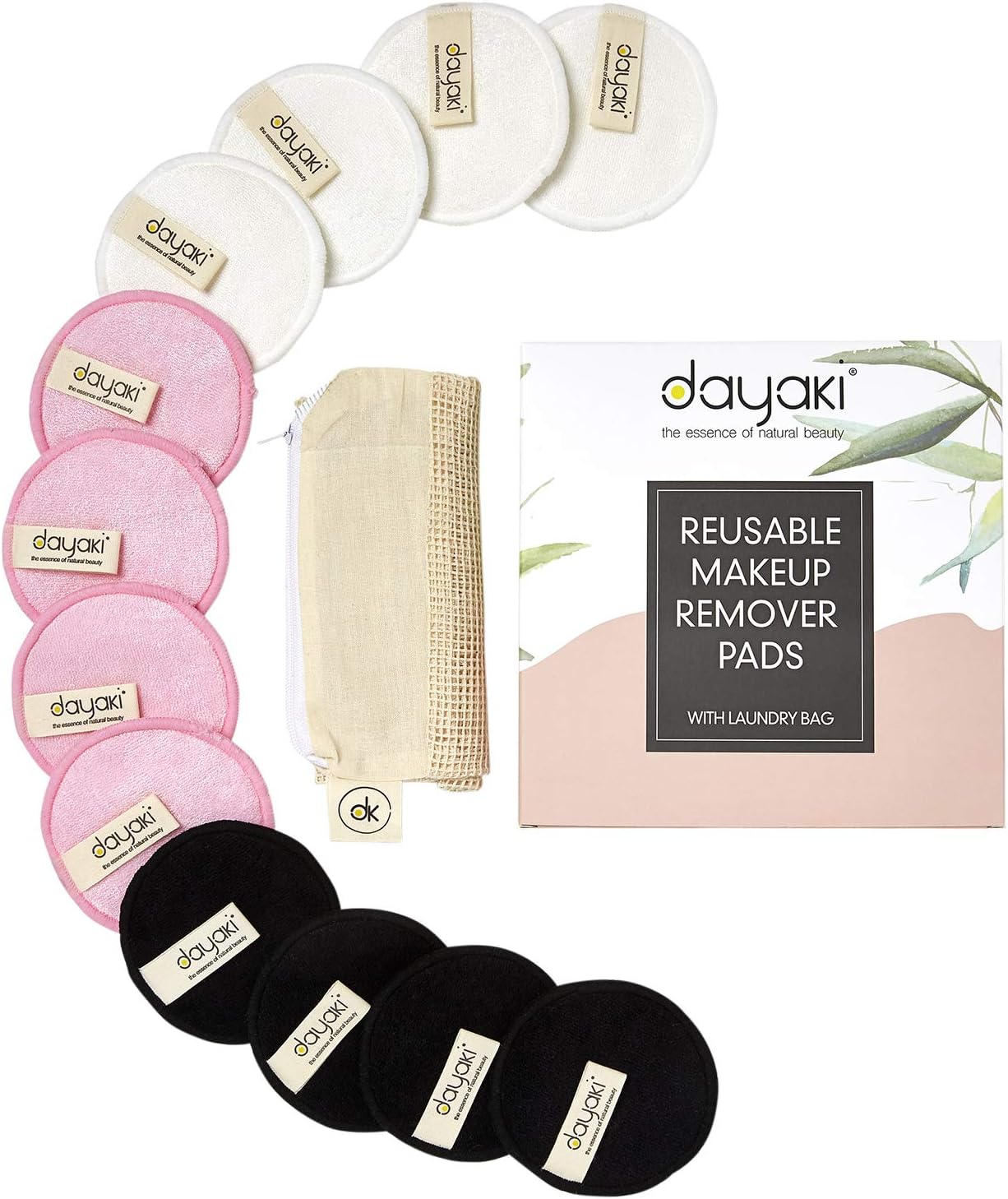 Reusable Makeup Remover Pads - Eco Friendly Zero Waste Organic Bamboo Rounds for Eye, Face with Mesh Laundry Bag, Wipes Face Clean from Make up, 12 Pack Two-Sided, Washable, Dayaki for All Skin Types