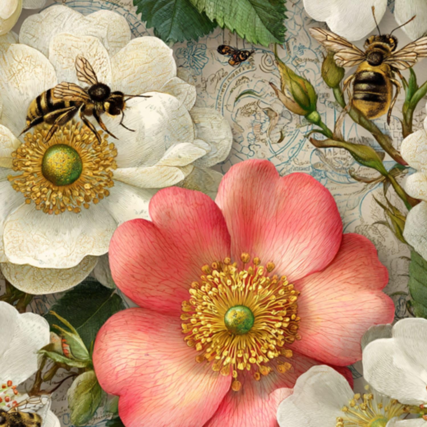 DERUINVAIO Self Adhesive Feature Removable English Garden Roses Bees Fern Peel and Stick Vinyl Wallpaper Roll, Sticky Lining Paper for Bedroom, Living Room, Kitchen Walls
