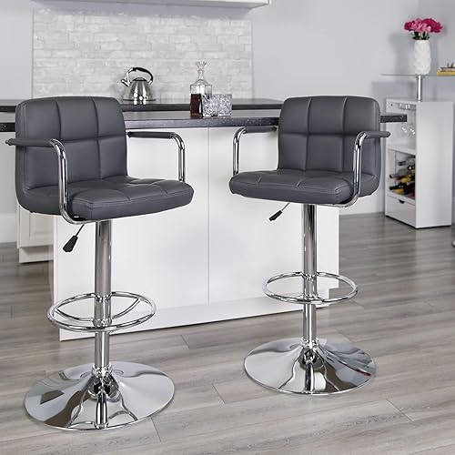 Miniatura 93 de Flash Furniture Taburete de bar de altura ajustable de vinilo acolchado gris contemporáneo con brazos y base cromada Gris,Marrón,Negro