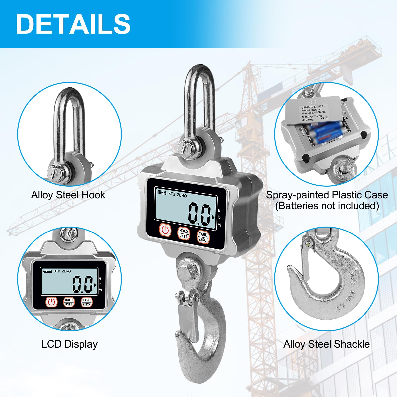 Hyindoor Kranwaage 1000kg Elektronische Digitale Hängewaage 1T Heavy Duty Crane Scale Industrie Kranwaage mit LCD Bildschirm