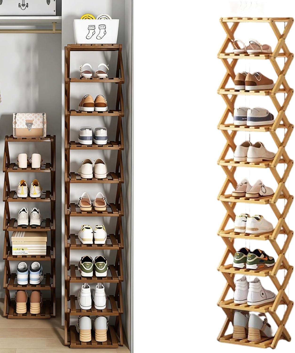 9 Tier Bamboo Shoe Rack, The 9-Tier No-Assembly Bamboo Rack, Foldable Shoe Rack, Vertical for Entryway Closet Dorm Corner (Natural Wood Color, 10-Tier)