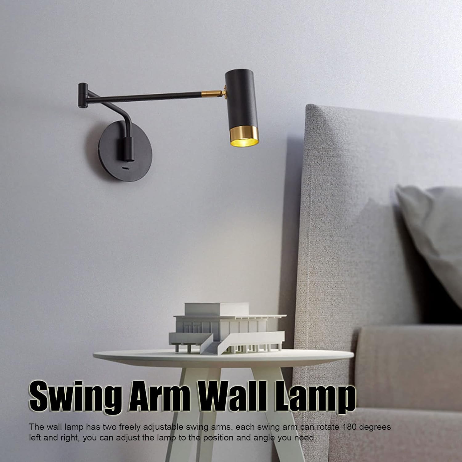 Topyond Swing Arm Wall Lamp - Adjustable Bedside Reading Light, Modern and Stylish Wall Mounted Lamp for Bedroom and Living Room Black for Adjustable Lighting Angles