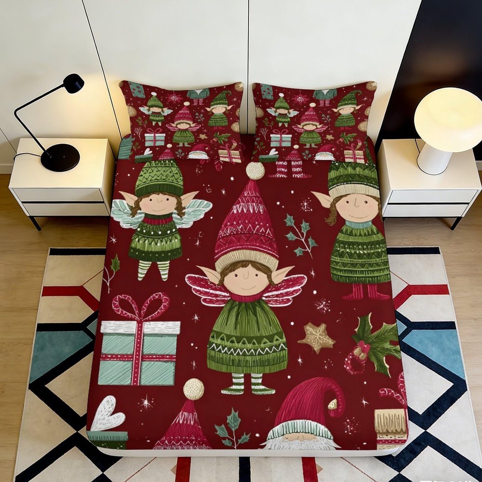 3D Printed Christmas Elf Fitted Sheet Microfiber Soft Breathable Mattress Cover for Bedroom Dormitory Guest Room Mattress Protection 180x200x25cm