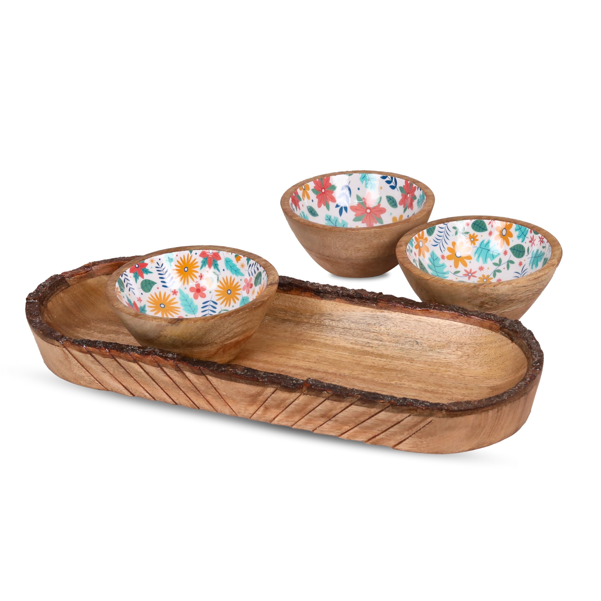 Divit Shilp Natural Wooden Trays Serving Bowl for Salad, Veggies and Fruits, Large Deep for Family, Party. (Tray - Set of 3 Bowl)
