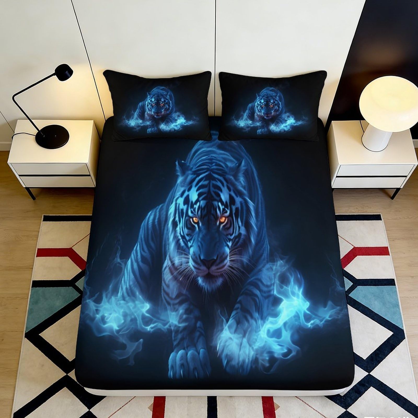 3D Printed Blue Fierce Tiger Fitted Sheet Microfiber Soft Artistic Black Bed Sheet for Bedroom Dorm Decor Mattress Protection 90x200x25cm