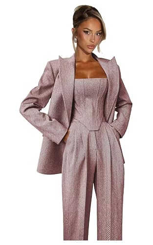 LEWIJO Tweed Suits for Women Business Casual 3 Piece Double Breasted Pant Suits for Women Herringbone Womens Suit - Small - Dusty Rose