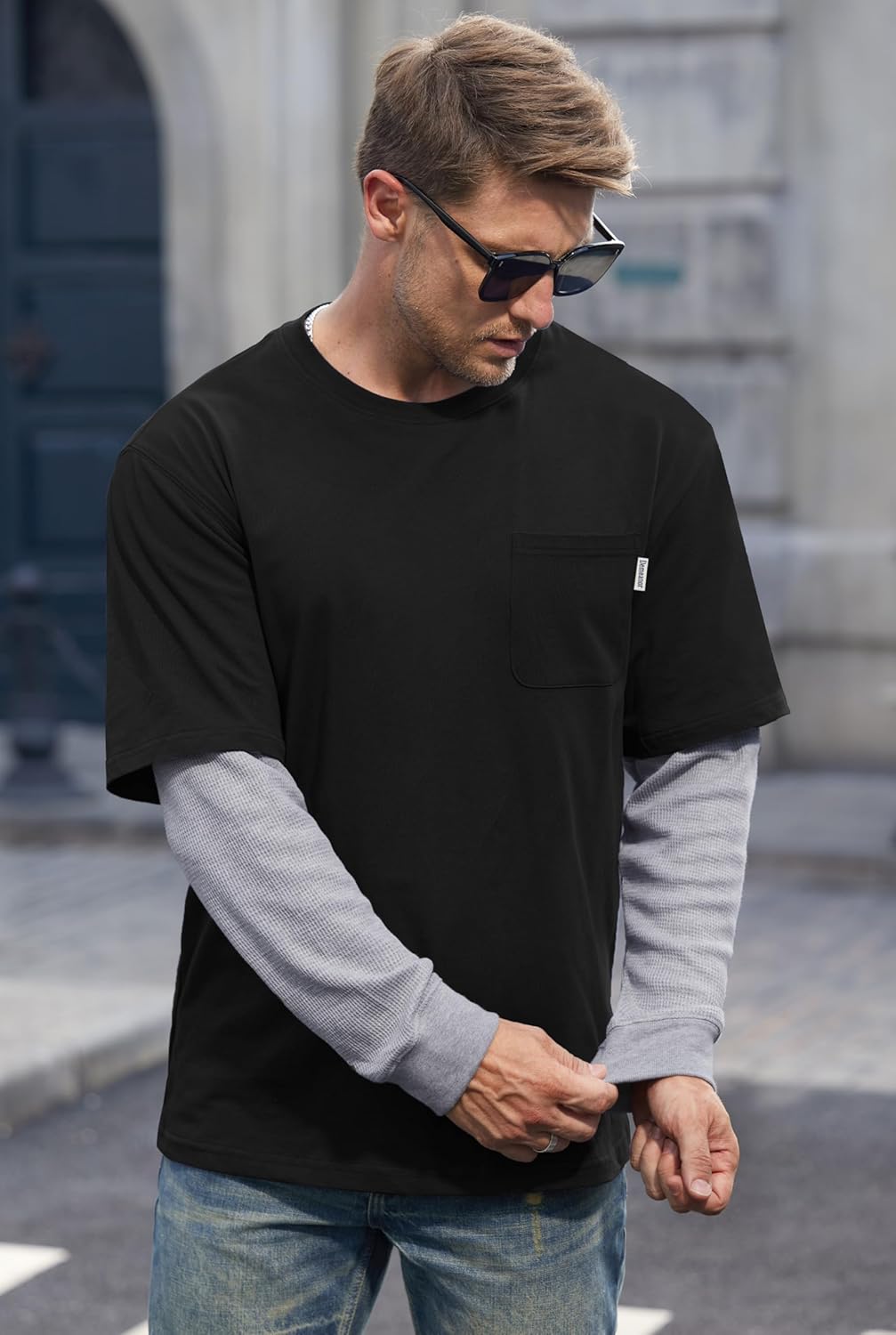 Mens Layered Shirt Waffle Longsleeve Cotton Faux 2-Piece Casual Pullover with Pocket (S-XXL) - Image 2