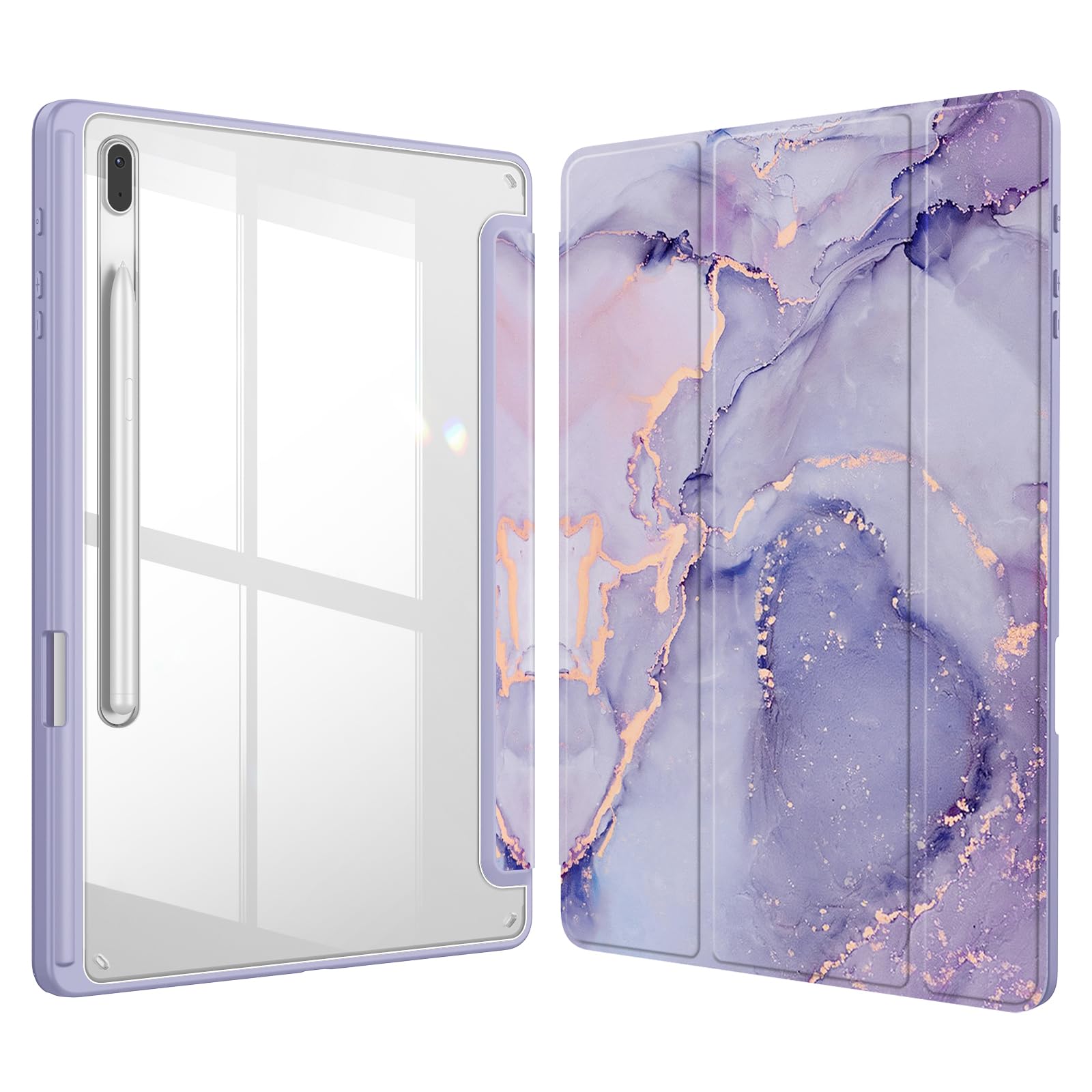 Fintie Hybrid Hülle für Samsung Galaxy Tab S8 Plus 2022/Tab S7 FE 2021/Tab S7 Plus 2020 12.4 Zoll - Stoßfeste Abdeckung mit Transparent Klar Hartschalen Rückseite Schutzhülle, Lila Marmor