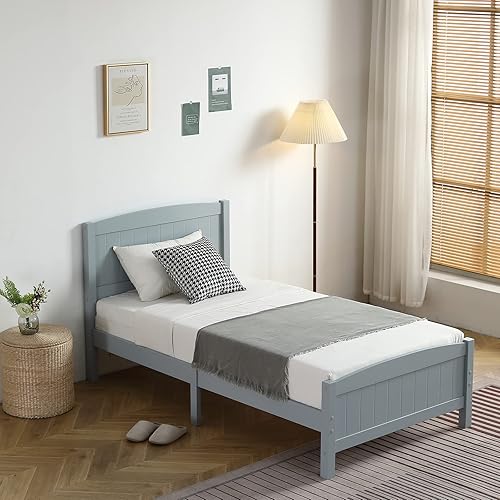 Karl home Base de cama de madera tamaño individual con cabecero, plataforma para dormitorio con estribo, soporte de 12 listones de madera, no
