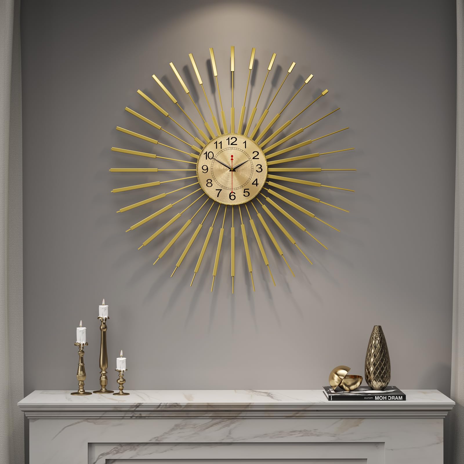 Photo 1 of Cuspin 30 Inch Large Wall Clock Gold Clock Wall Decor, Mid Century Modern Sunburst Silent Non Ticking Battery Operated Decorative Metal Wall Clocks for Living Room, Dining Room, Bedroom, Office