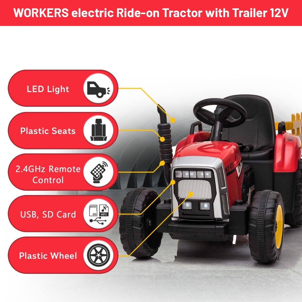 Traktor elektryczny Workers z przyczepą, czerwony, napęd na tylne koła, bateria 12 V, kółka, szerokie siedzisko, pilot zdalnego sterowania 2,4 GHz, odtwarzacz MP3 z Bluetooth i wejściem SD, diody LED