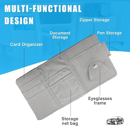 Miniatura 10 de Augeny Organizador de visera solar para automóvil, bolsa de almacenamiento de pertenencias personales de cuero con cremallera, bolsa de