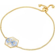 Real Forget-Me-Not Bracelet, Alaska State Flower Jewelry, Gold Adjustable Box Chain, Pressed Botanical Keepsake for Women