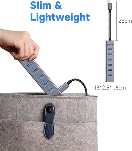 Miniatura 6 de FORIDA Hub USB C de 8 puertos USB con 7 puertos de datos USB3.0, divisor USBC de aleación de aluminio con puerto de alimentación tipo C 5V3A