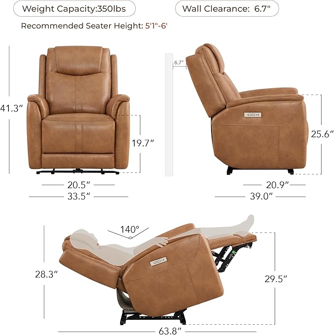 Sillón Reclinable Eléctrico Cuero Camel miniatura 2