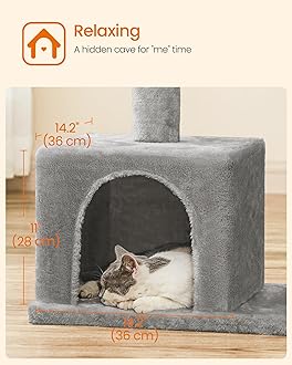 Feandrea Cat Tree, 33.1-Inch Cat Tower, Plush Condo for Large Cats up to 16 lb, Large Perch, 2 Caves, Scratching Post, Light Gray UPCT61W