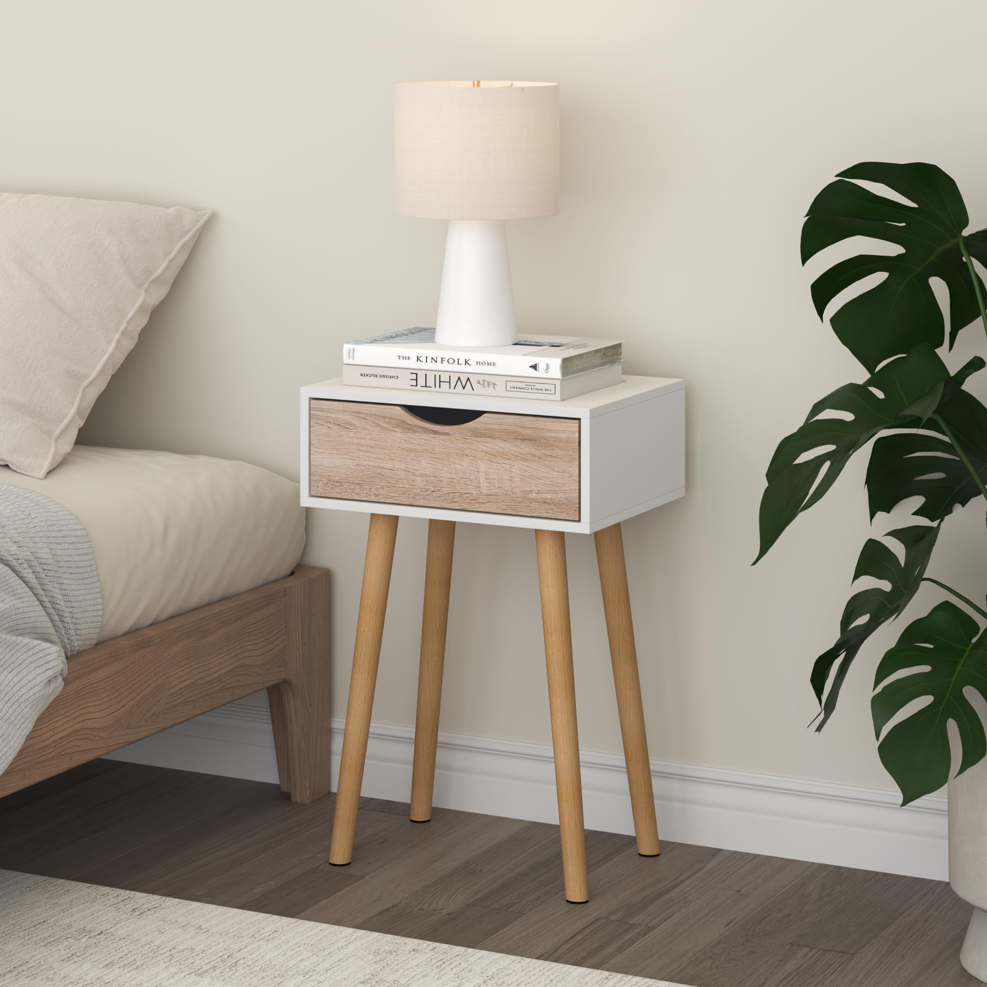[en.casa] Set di 2 Comodini con Cassetto Tavolini Laterali per Divano Mobiletto da Notte 60 x 40 x 29,5 cm per Camera da Letto Soggiorno Corridoio Ingresso - Bianco/Effetto Rovere
