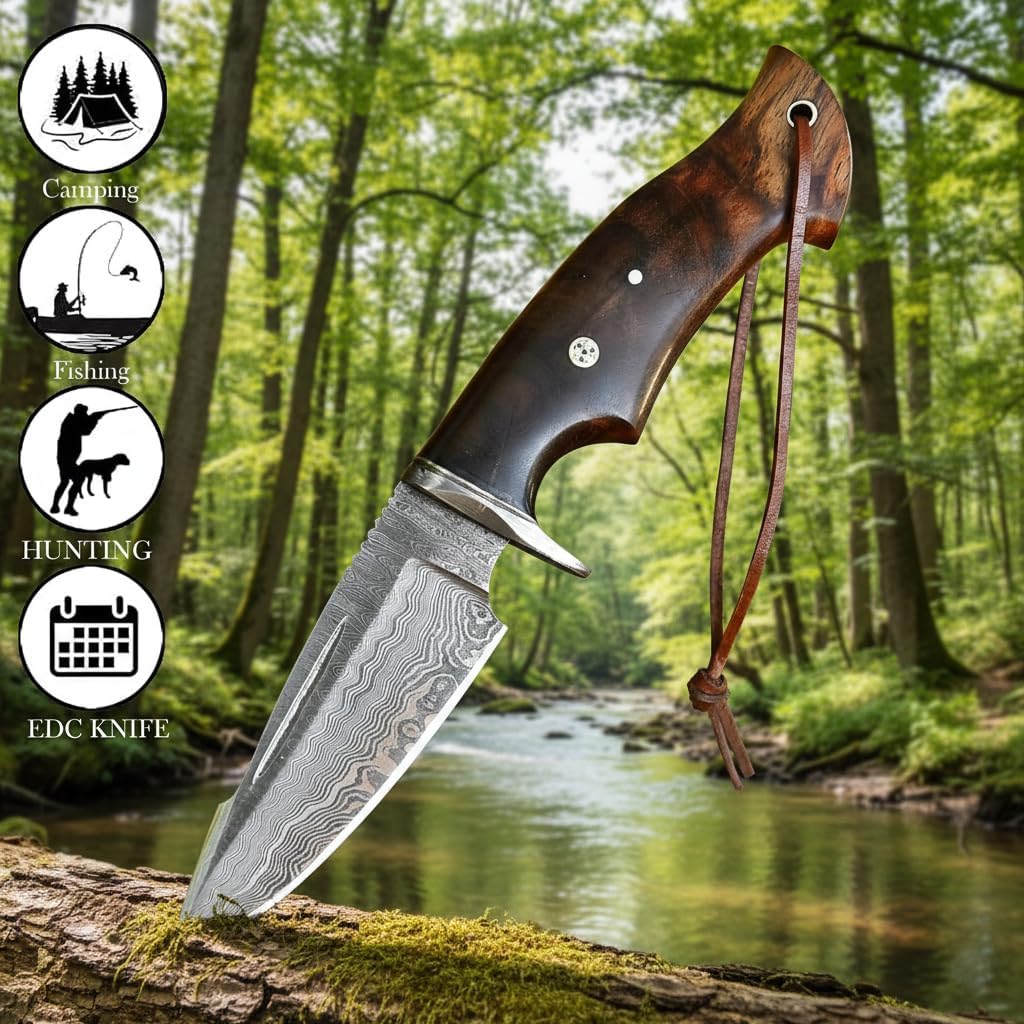 Hunting Knife 10 Inches - Handmade Damascus Steel Fixed Blade Knives - Walnut Wood Handle & Leather Sheath - Bushcraft Outdoor, Skinning & Survival Knife - Image 6