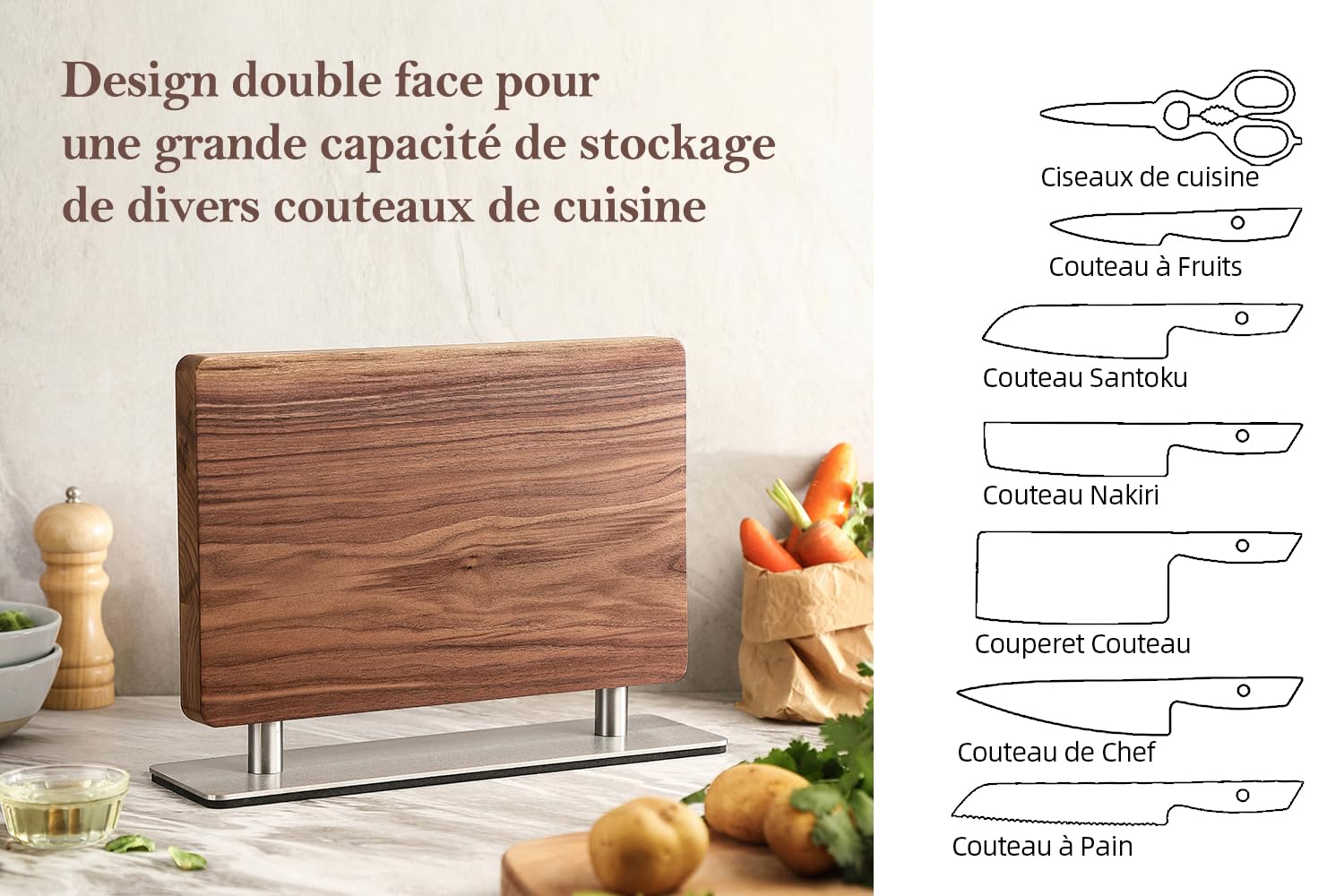XINZUO Bois de Noyer Bloc à Couteaux Magnétique -Bloc Aimanté Double Face -Facile à Nettoyer -Porte Couteaux avec Aimant Puissant -Range Couteau de Cuisine Vide -avec Tapis de Pied Antidérapant