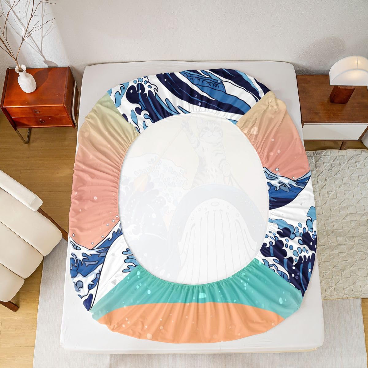 Homewish Wieloryb mały kot zestaw pościeli podwójna zabawa kot brązowe japońskie prześcieradła Ukiyoe zachód słońca ocean fale zestaw pościeli - galaktyka akwarela japońskie prześcieradła z gumką 4