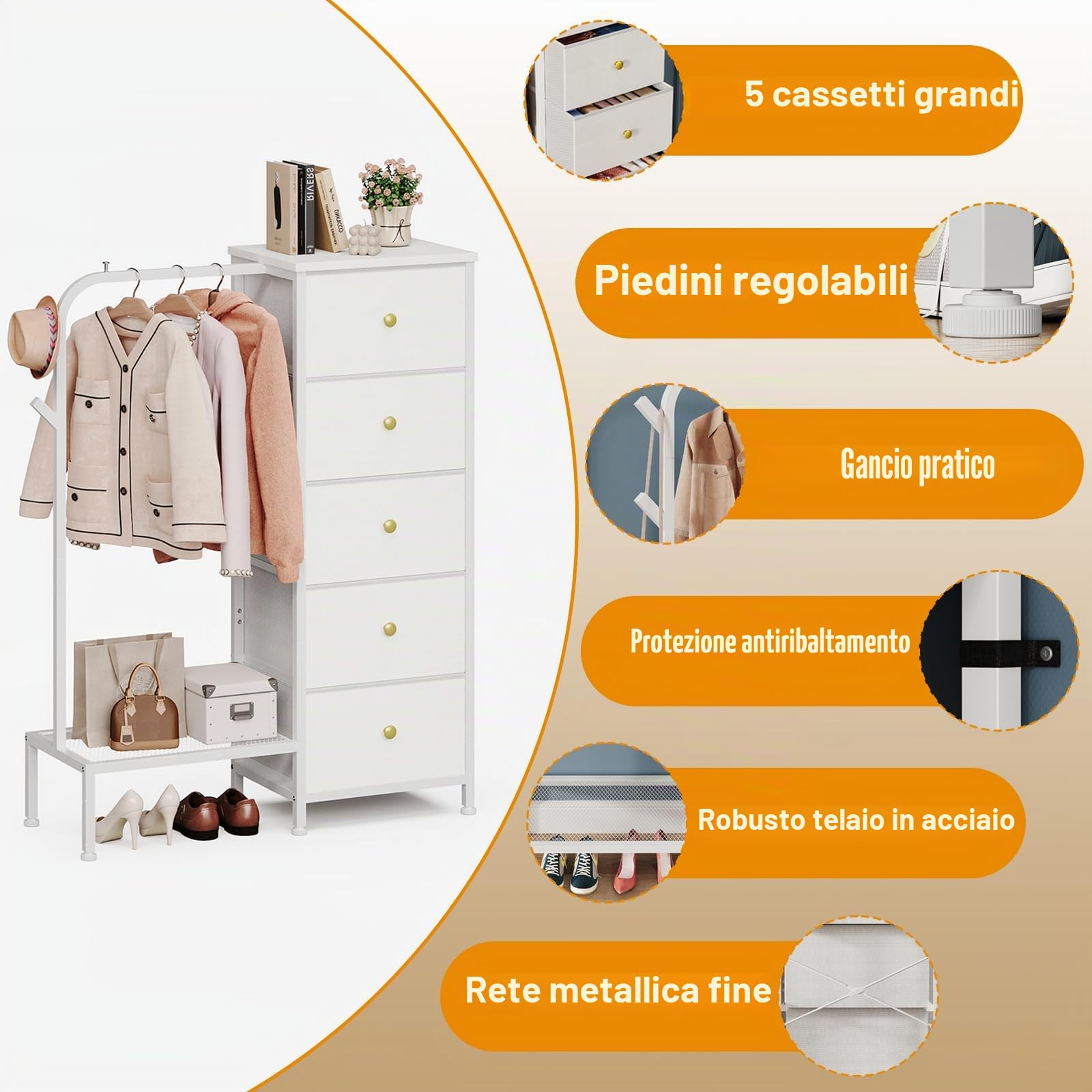 Trironsun Armadietto in tessuto sottile con 5 cassetti e asta appendiabiti per bambini, con mensola pensile, reversibile, salvaspazio, per camera da letto o cameretta dei bambini (bianco)