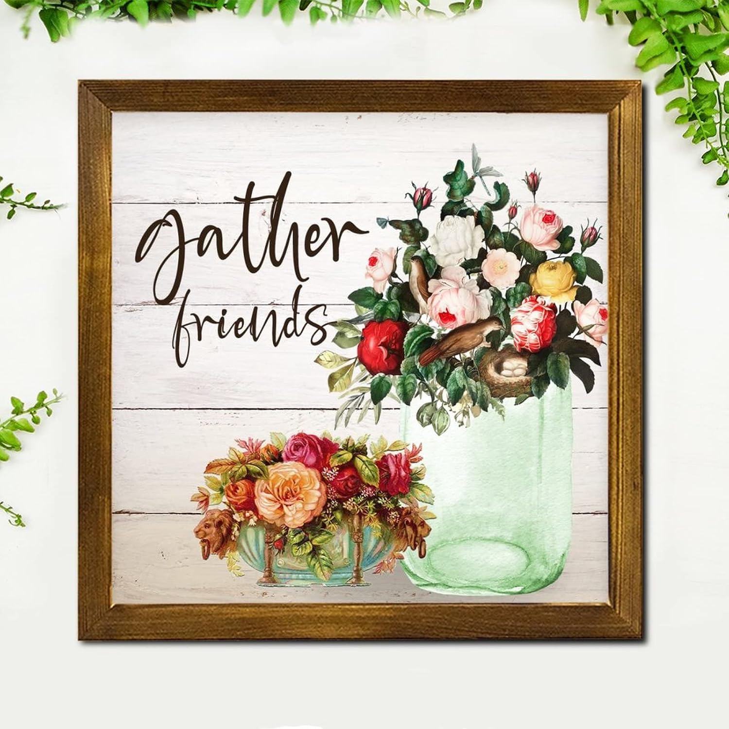 Gather Friends Framed Wooden Signs Spring Rose Flower in Vase Hanging Sign Rustic Summer Floral Home Family Wall Decorative for Home Restroom Bathroom Toilet Kitchen 12x12 inch