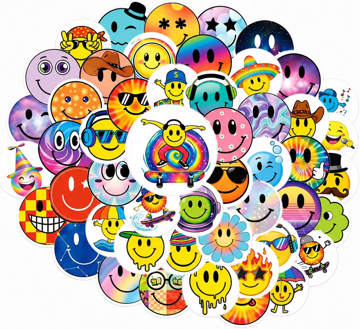 Cool Smiley Face Stickers, 50 Pcs, 2.12 Inch Waterproof for Water Bottles