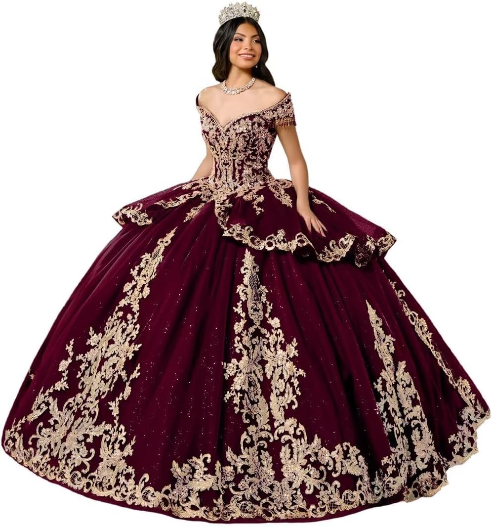 Yifanier Puffy Tulle Quinceanera Dress with TRAI 3D Gold Lace Appliques Sparkly Lace Applique Quinceanera Dresses MT039