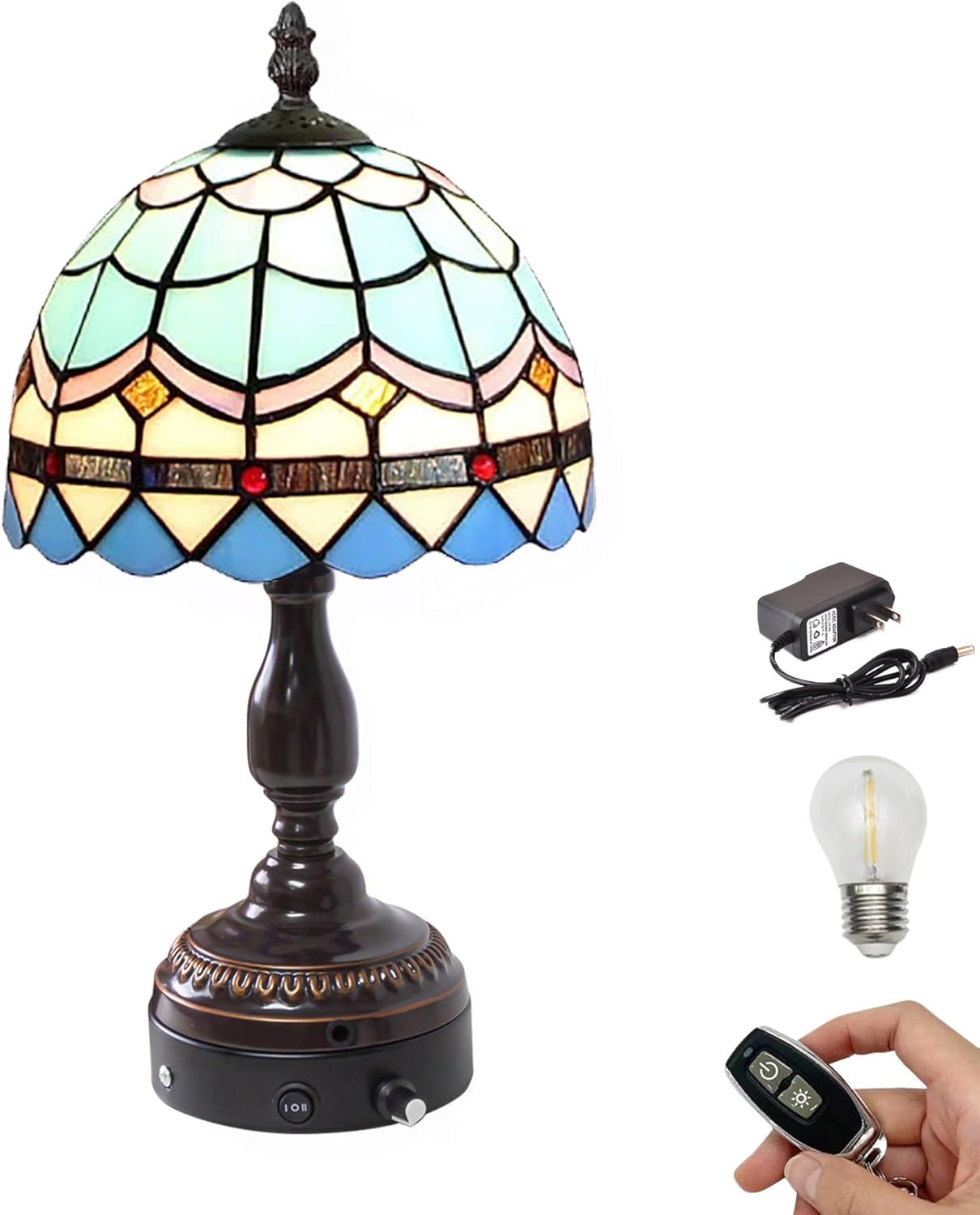 Kiven Cordless Table Lamp,1-Light Dimmable Bedside Lamps for Nightstand with Pink Glass Lampshade, Tiffany-Style Rechargeable Desk Lamp for Reading Home Decor Bedside TD0759