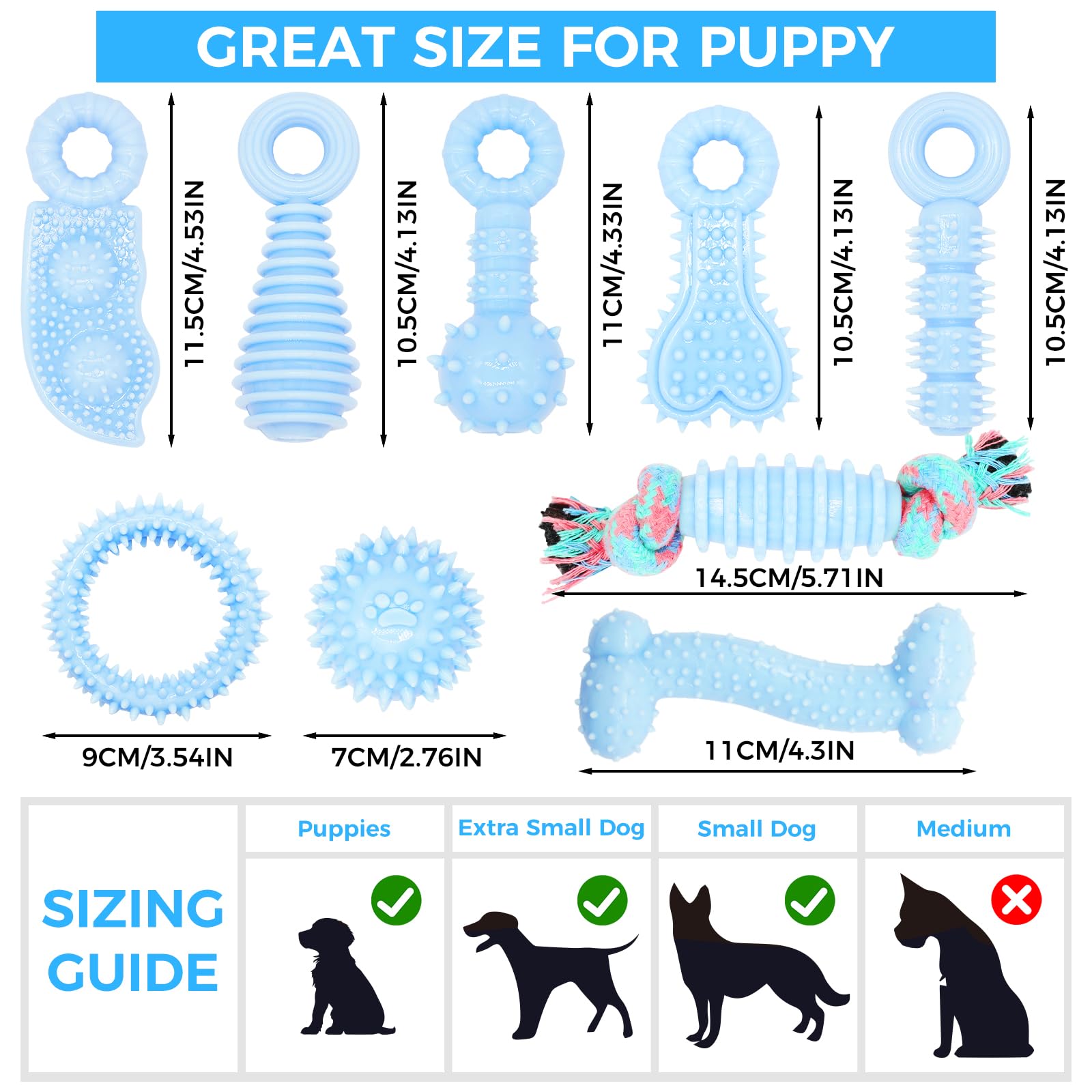 Juguetes para cachorros, paquete de 9 juguetes masticables para cachorros, lindos juguetes azules para perros pequeños, juguetes de dentición para cachorros, juguete interactivo suave y duradero