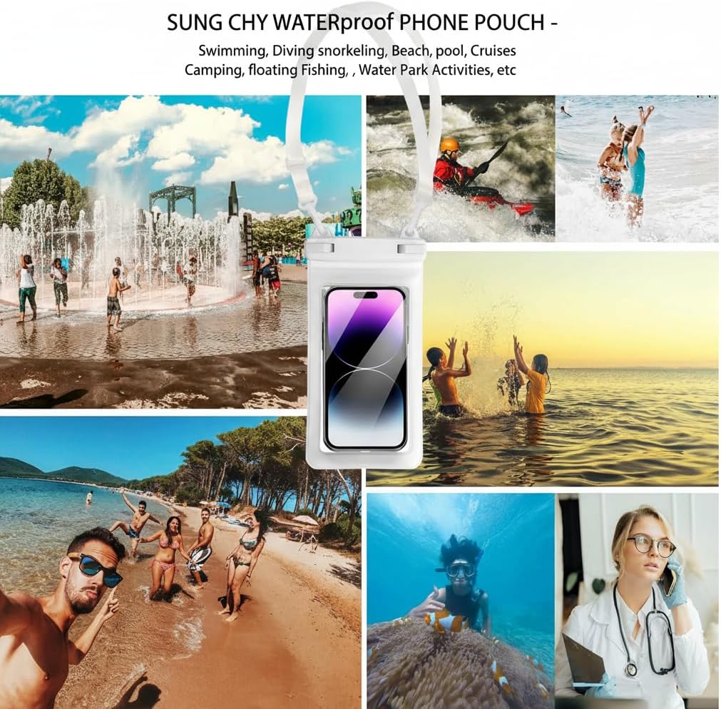 IPX8, 7.4Waterproof Phone Pouch, Universal Fit(iPhone 16 15 14 13 Plus Pro, 12 11 Pro, XR X 8 7 6S Plus SE, Galaxy S25 S24 S23 S20 Series Pixel, Lanyard Included (White) 1pack