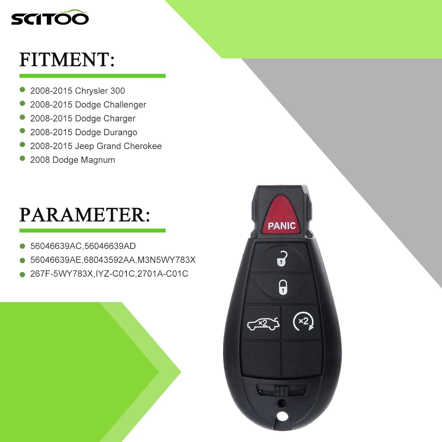 SCITOO Key Fob Keyless Entry 2008-2010 for Chrysler for 300 3.5L, 2009-2010 for Dodge for Challenger 3.5L, 2008-2010 for Jeep for Grand Cherokee 3.0L 56046639AC 56046639AD (2 PCS) 5 buttons 433Mhz