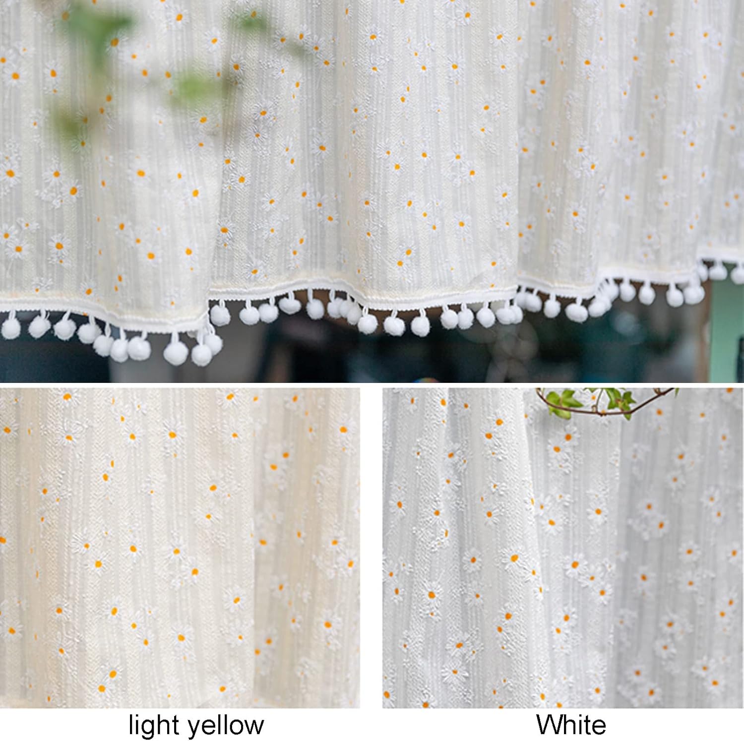 Cotton Kitchen Curtain, Rural Style Small Flower Tier Curtains Valance Panels Rod Pocket, For Decor Windows, Cabinet, Cafe, Living Room, Bedroom, Bathroom ( Color : Light yellow , Size : W250xH80cm )