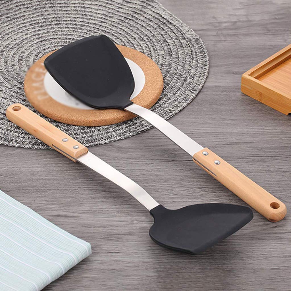 Pfannenwender aus Edelstahl - Antihaft-Silikon-Wok-Spatel mit hitzebeständigem Holzgriff, korrosionsbeständige, langlebige Wok-Utensilien Küchenwerkzeuge
