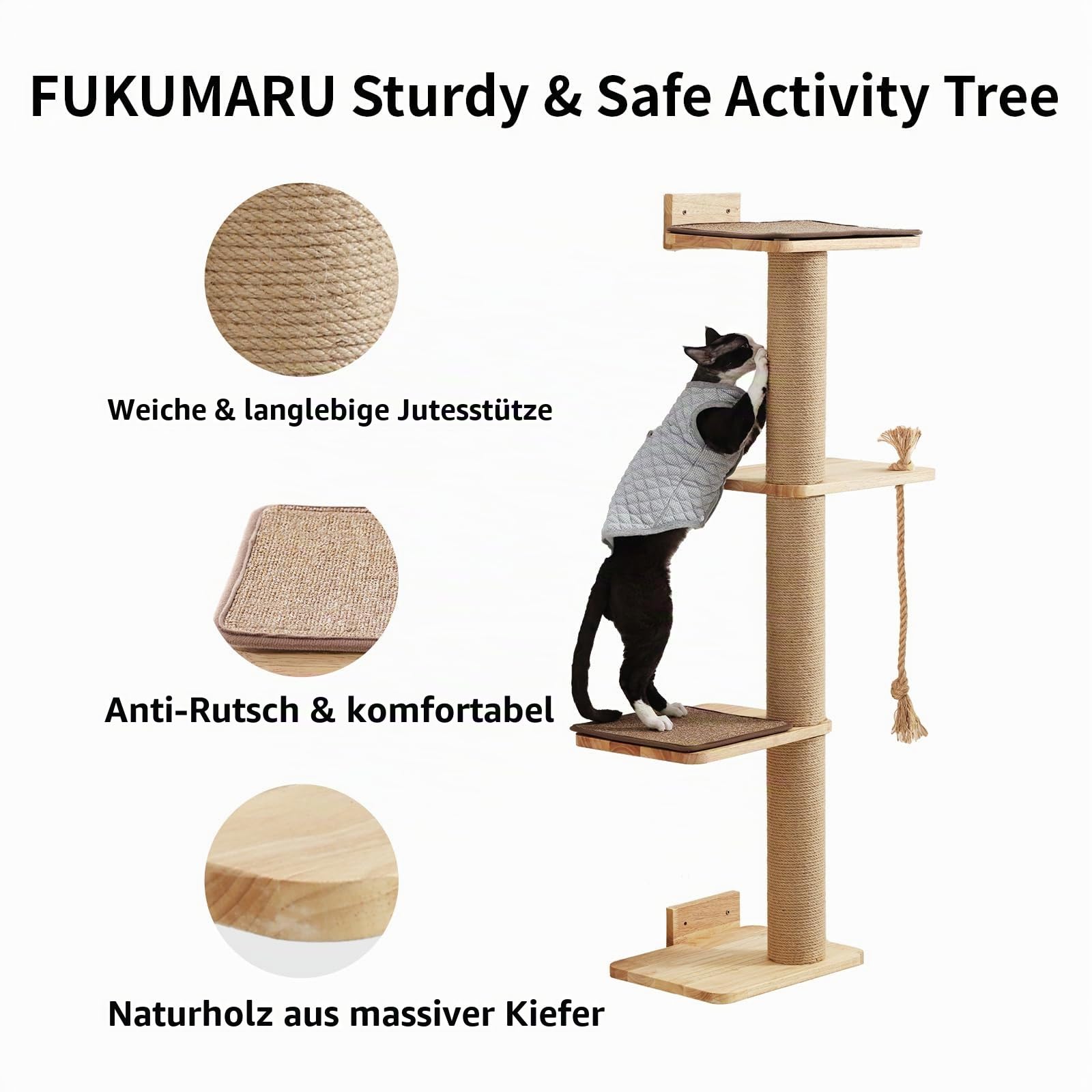 FUKUMARU Kratzbaum für Katzen, Wandmontage, 127,7 cm, Katzenbaum mit Katzenbett, Kratzpfosten und Kratzmatte aus Jute, Katzenkratzbaum aus natürlichem massivem Gummibaumholz, groß