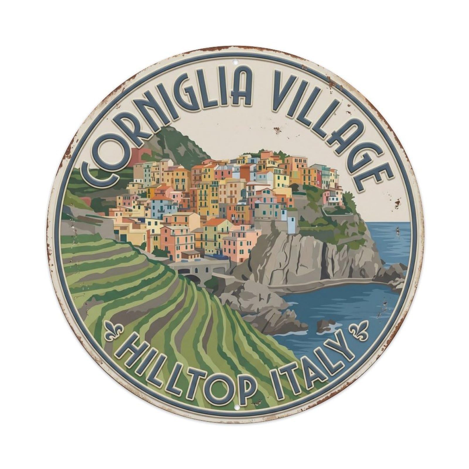 Corniglia Village Hilltop Italy Cinque Metal Tin Sign Plaque Wall Decor for Cafe, Club Bar, Office, Home Garden Round Metal Poster 8x8Inch